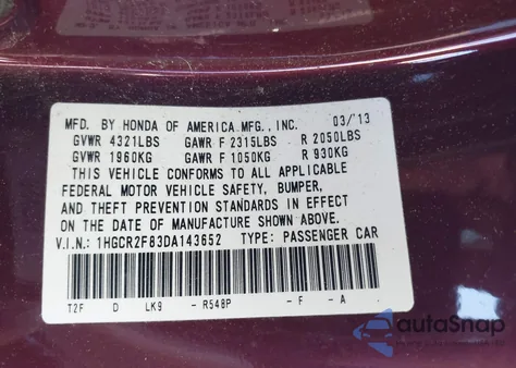 2013 Honda Accord Ex-L from USA, damaged, VIN 1HGCR2F83DA143652